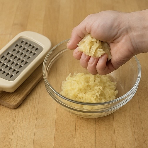 Kartoffelpuffer 調理手順1：すりおろしたじゃがいもの水分を絞る